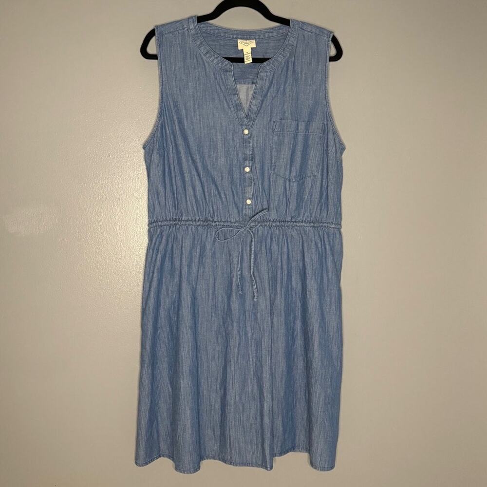 St John’s Bay XL Dress Chambray Sleeveless Drawstring Tie Belt Pockets Button